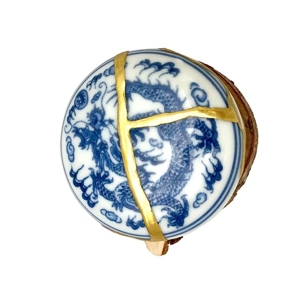 Kintsugi Chinese Porcelain Dragon 5-Claw Blue White Box Gold Crack Growth Gift - Picture 16 of 16